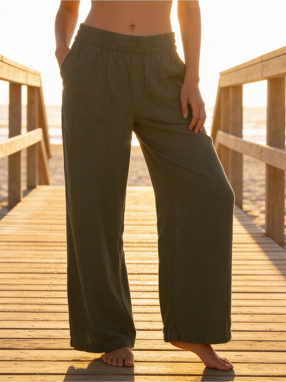 St John’s Bay Linen Blend Wide Leg Pants Green EUC